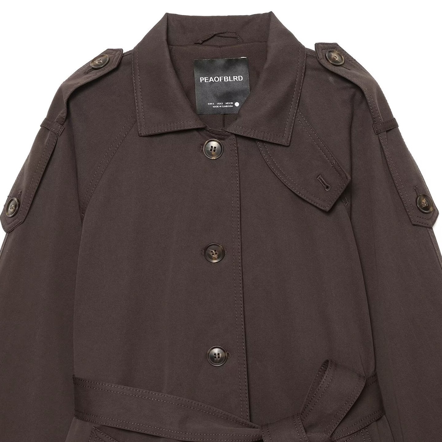 Women Short Trench Cape with Waist Belt, Epaulettes and Patch Pockets Chichicherry
