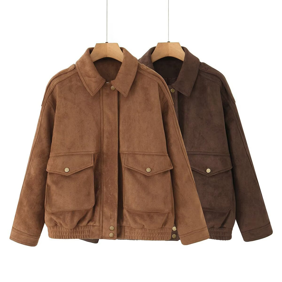 Women's Oversize Suede-Look Bomber Jacket with Flap Pockets and Elastic Hem Chichicherry