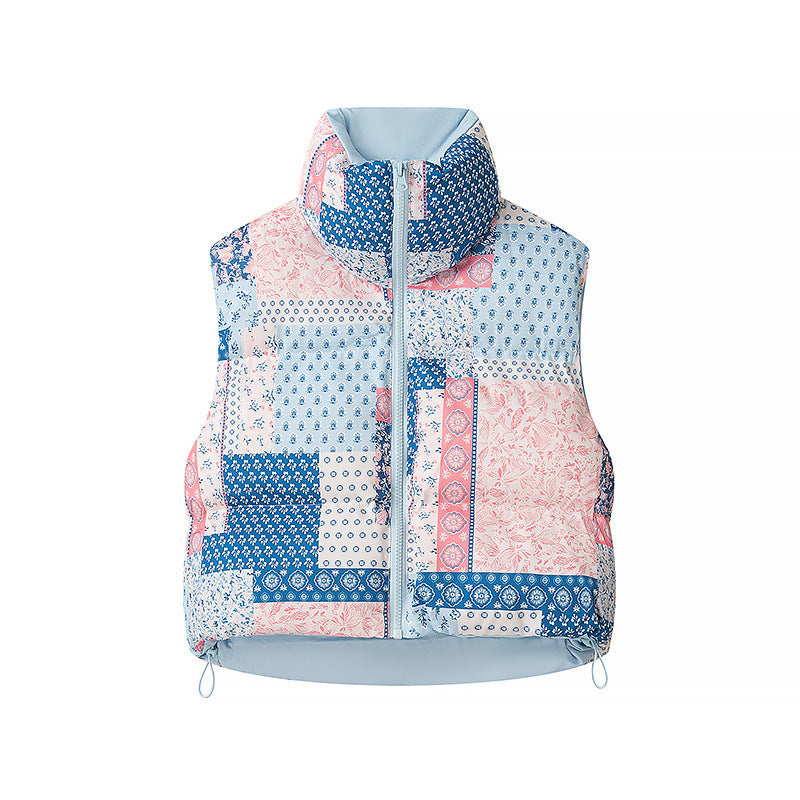 Women short cut quilted vest with stand-up collar and floral pattern Chichicherry