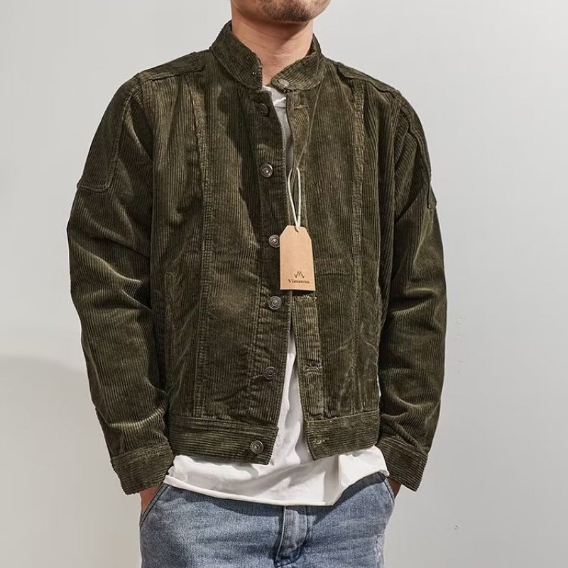 Herren Kurz geschnittene Kordjacke im Worker‑Style mit Stehkragen und Druckknopfleiste Chichicherry