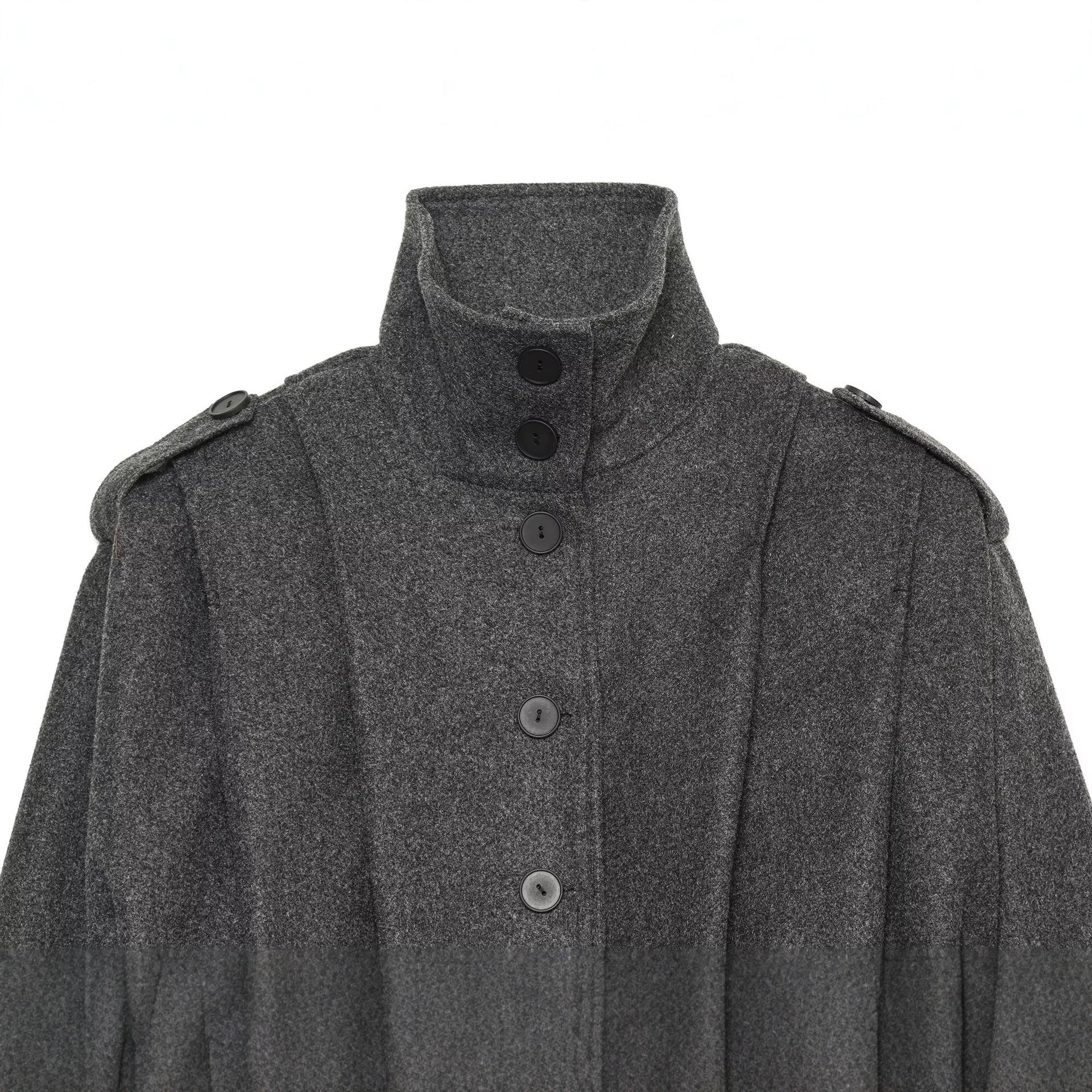 Women's Cropped Cape Jacket with High Stand Collar, Shoulder Straps and Continuous Button Placket Chichicherry