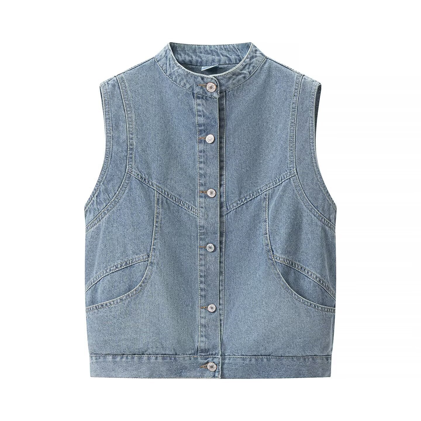 Women's jeans vest with stand-up collar, full-length button placket, and patch pockets Chichicherry
