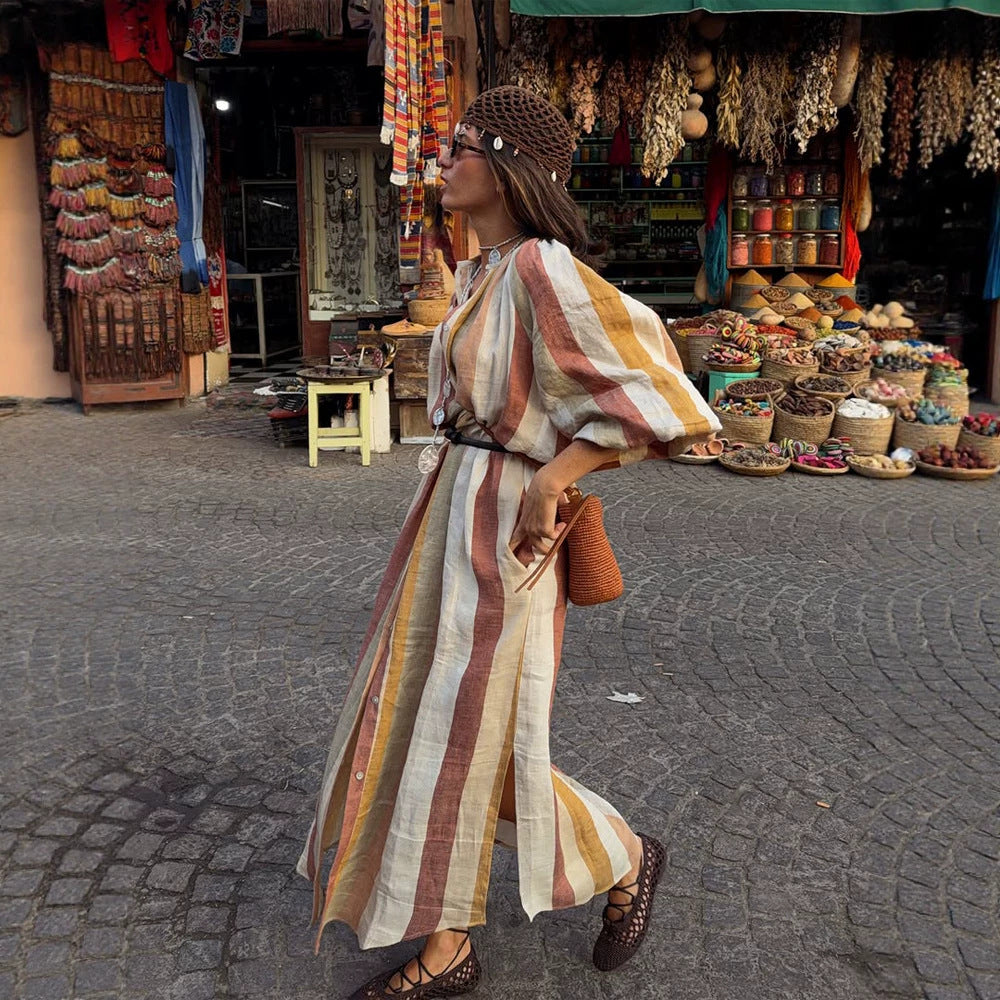 Women's Striped Linen Maxi Dress in Boho Style with Balloon Sleeves, Side Slit and Waist Belt Chichicherry