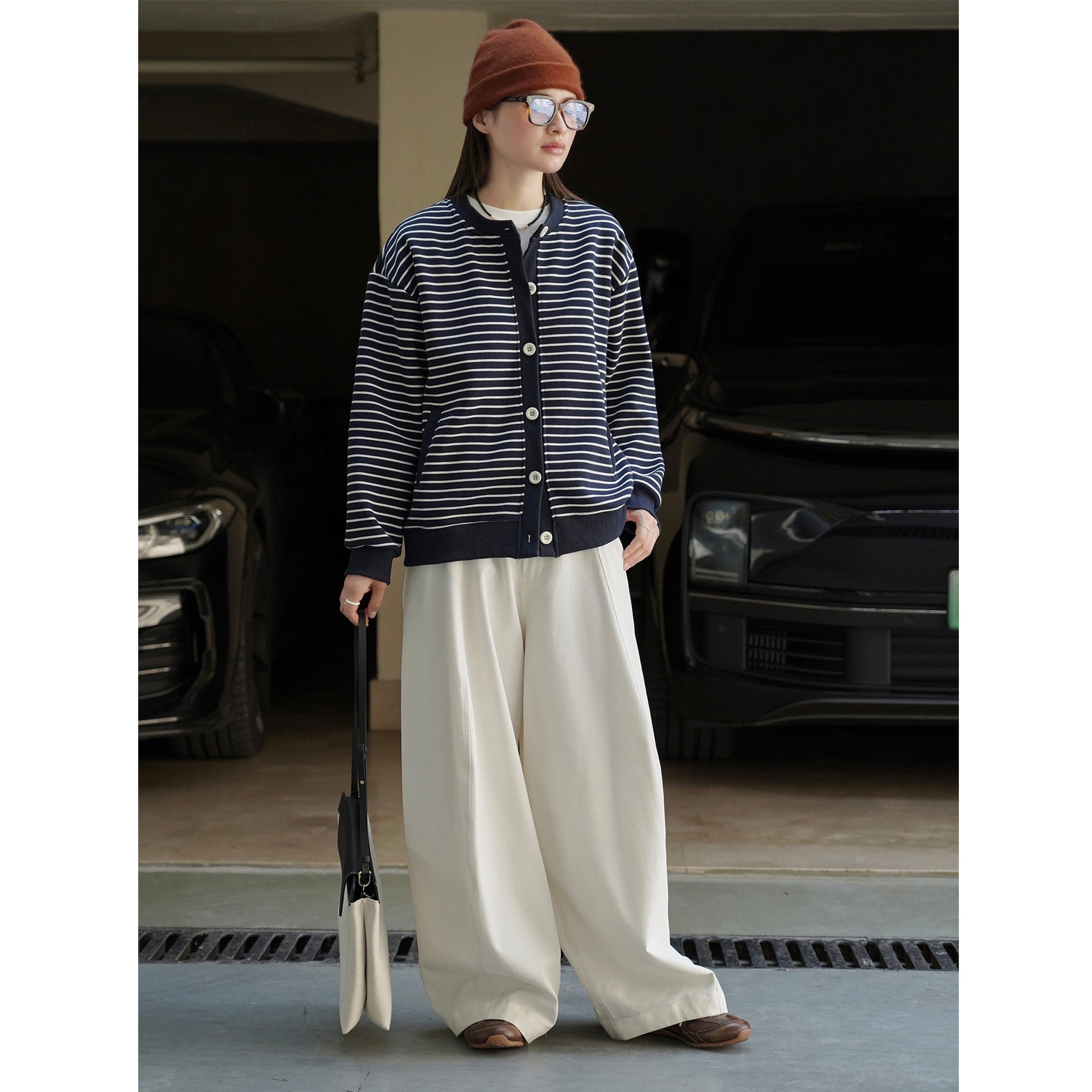 Women's Striped Knit Cardigan Jacket with Button Closure, Side Pockets and Ribbed Cuffs Chichicherry