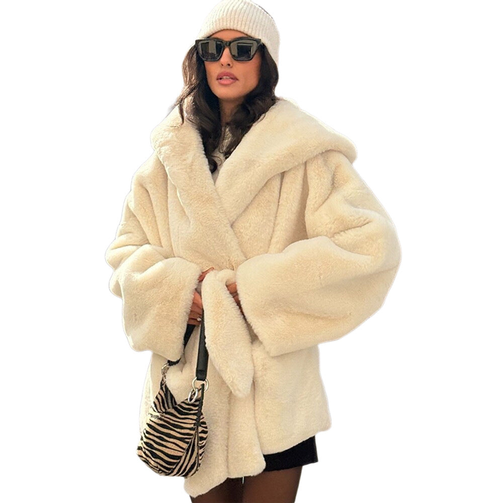 Women's Boxy Teddy Jacket with Wrap Belt and Oversized Shawl Collar Chichicherry