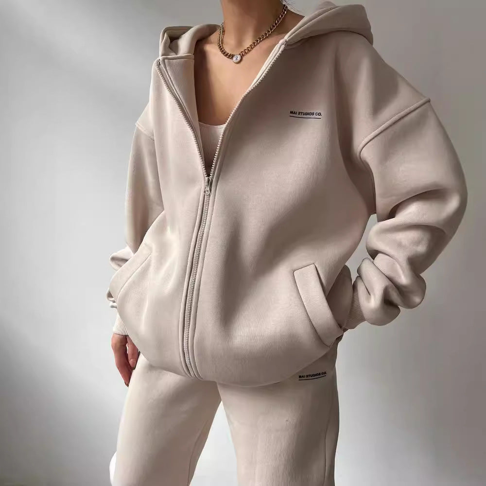 Damen Oversize Kapuzen-Sweatjacke mit Reißverschluss und High-Waist Jogginghose Set Chichicherry