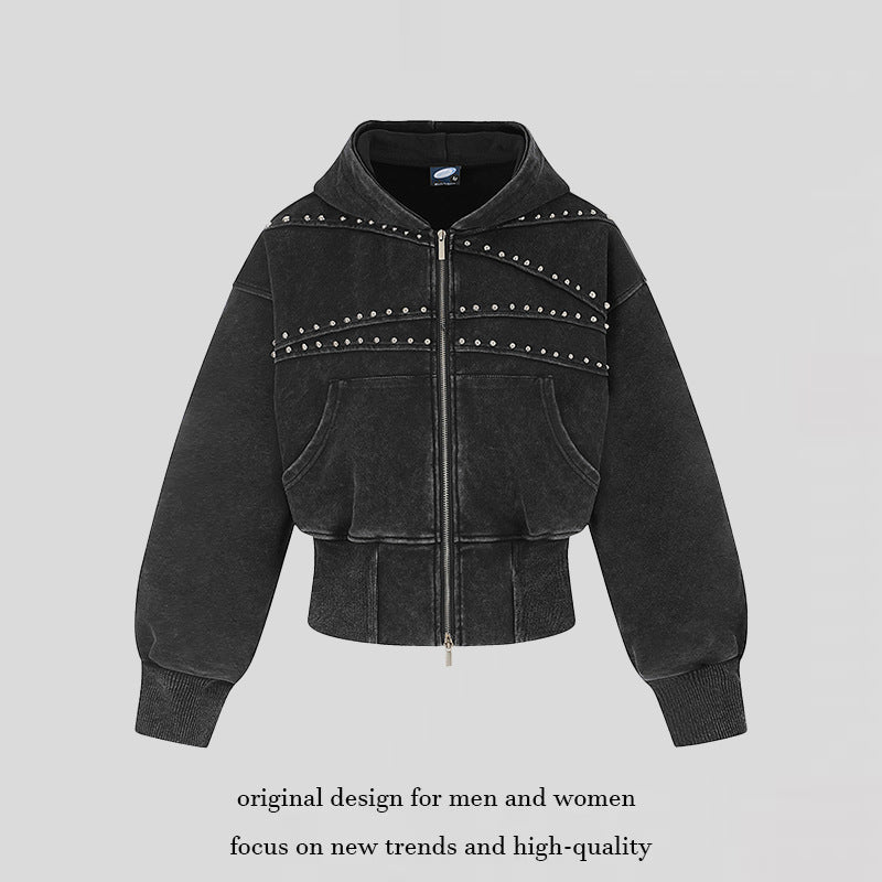 Women's short-cut zip hoodie with metallic stud detailing and wide ribbed hem Chichicherry