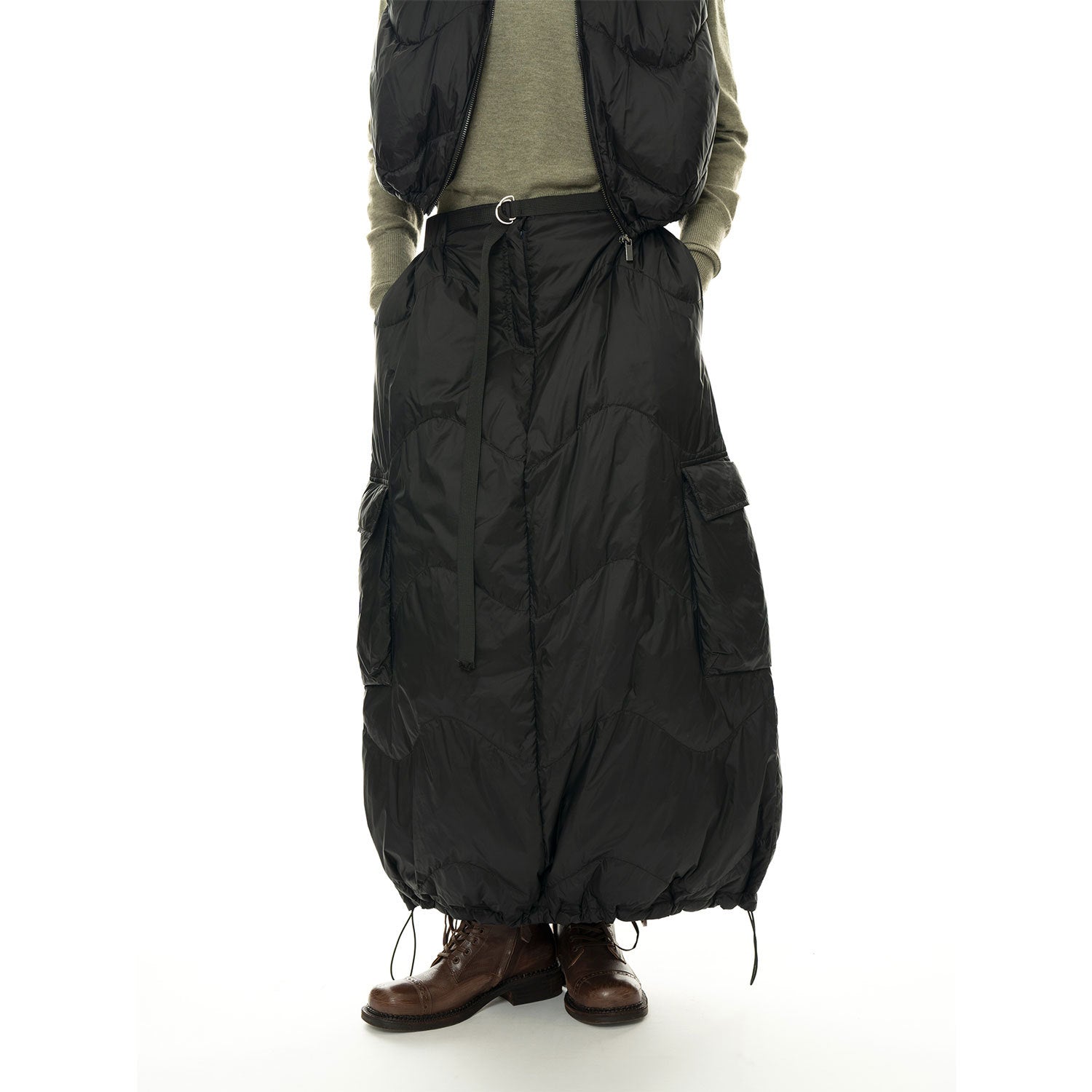 Women's Padded Quilted Midi Skirt with Cargo Pocket and Drawstring Chichicherry