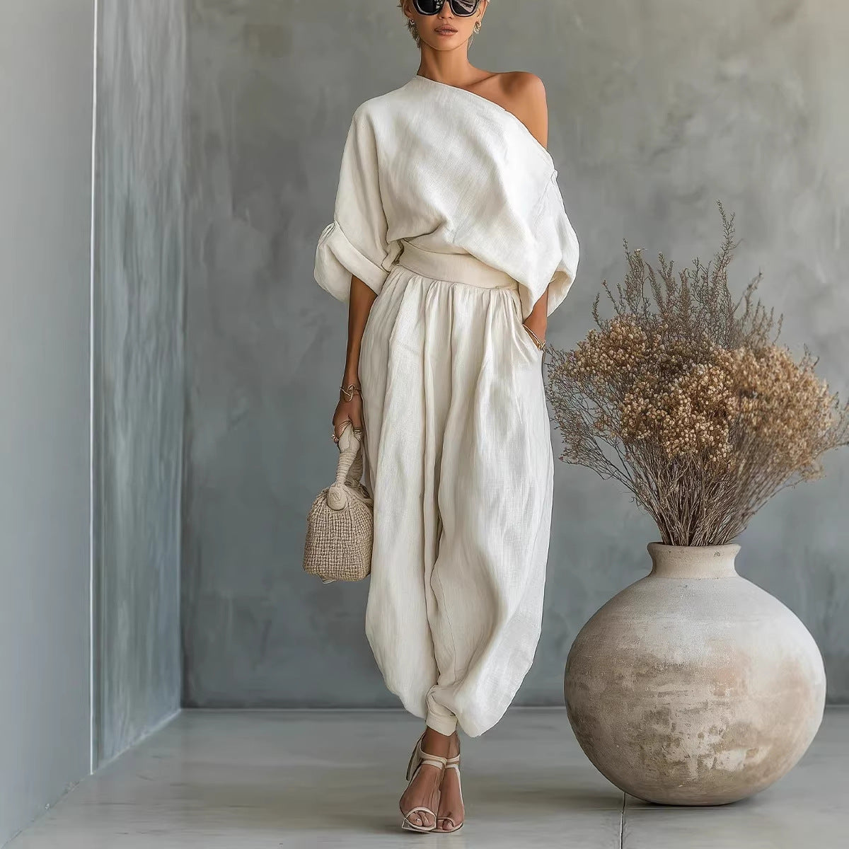 Damen Leinen-Set mit One-Shoulder-Oberteil und weiten Haremshosen Chichicherry