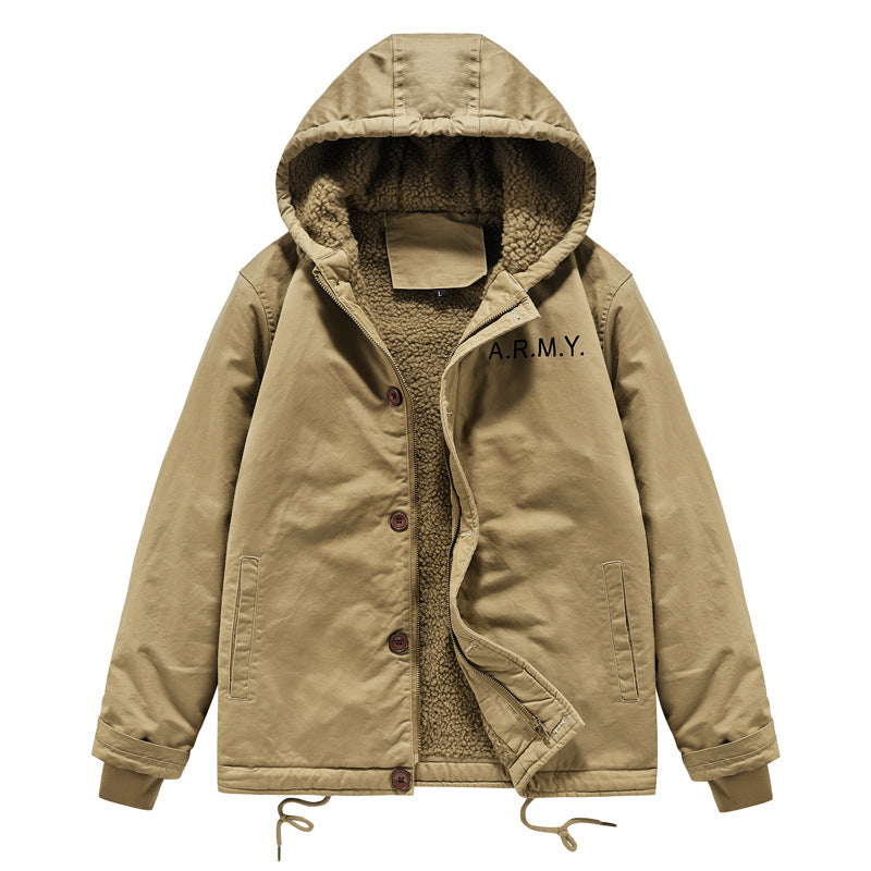 Men's padded hoodie in canvas look with Sherpa lining and Chichicherry military print