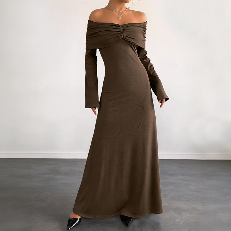 Ladies Off-Shoulder Maxi Dress with Gathered Bust Area and Narrow A-Line Skirt
