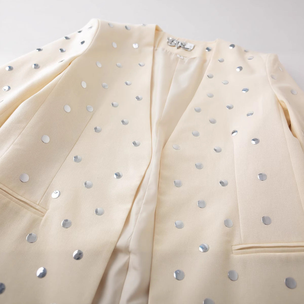 Women Longline Blazer with Sequin Embellishment in Polka Dot Optics Chichicherry