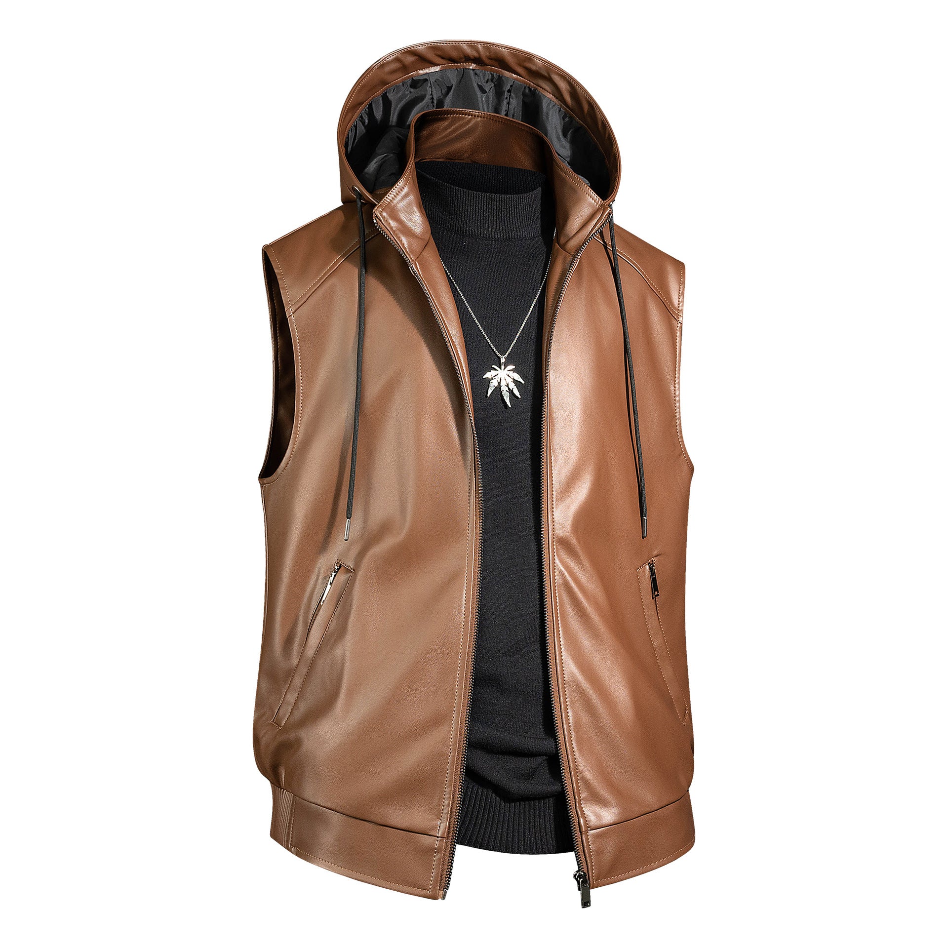 Men's Sleeveless Leather Vest with Hood Quilted Nappa Look and Zipper Pockets Chichicherry