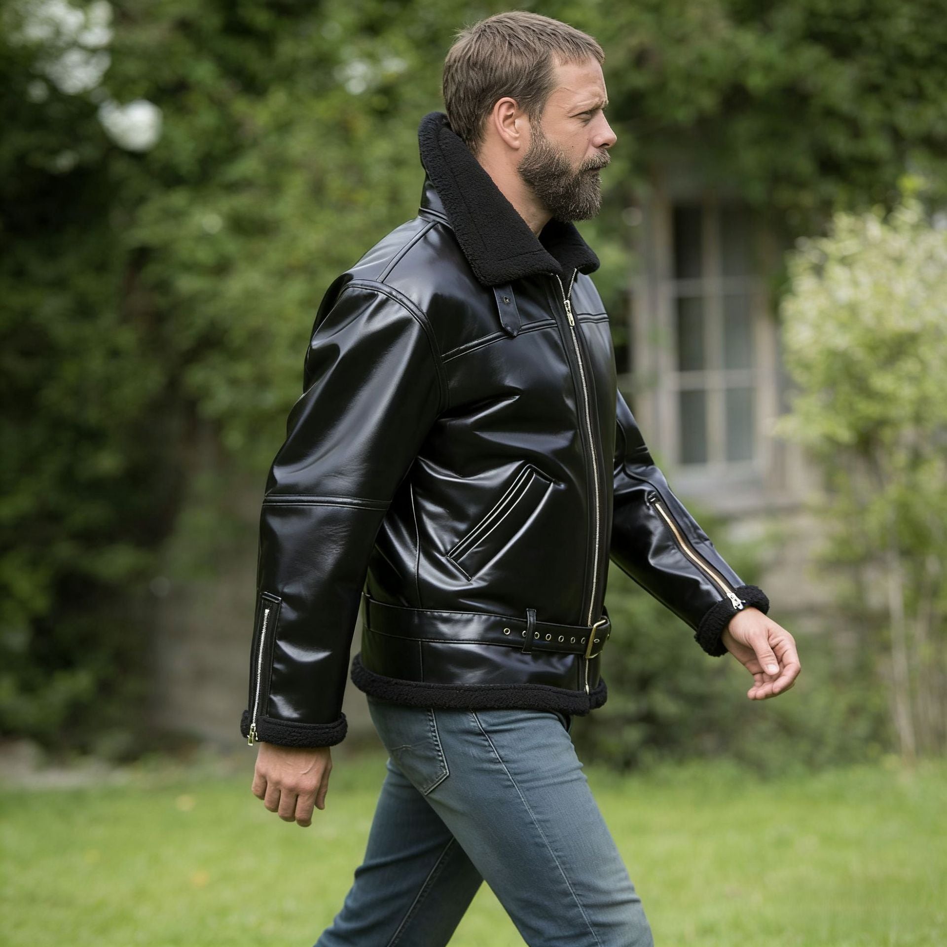 Men's faux leather aviator jacket with teddy lining, zip pockets, and waist belt Chichicherry