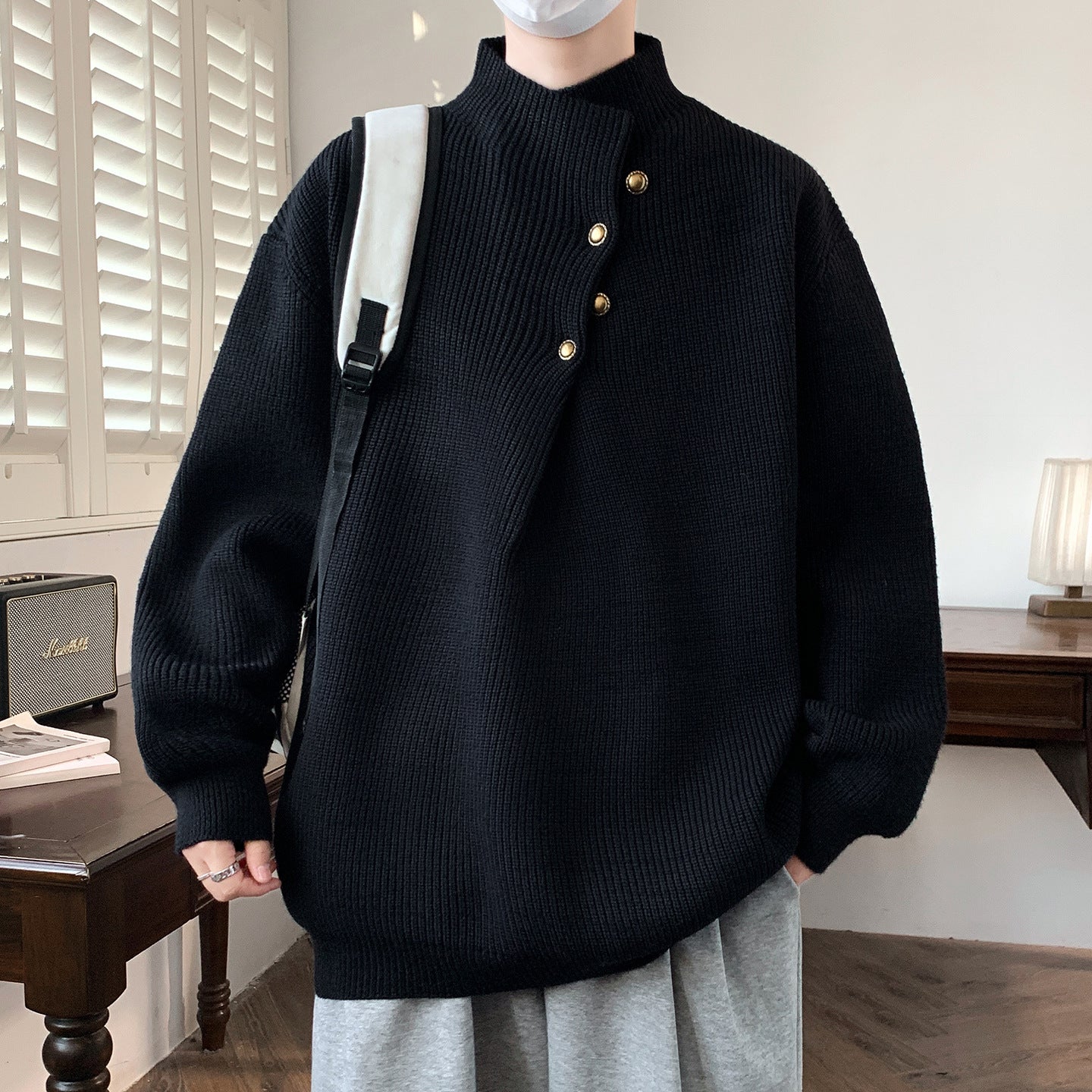 Men's Oversized Ribbed Sweater with Asymmetric Button Collar Chichicherry