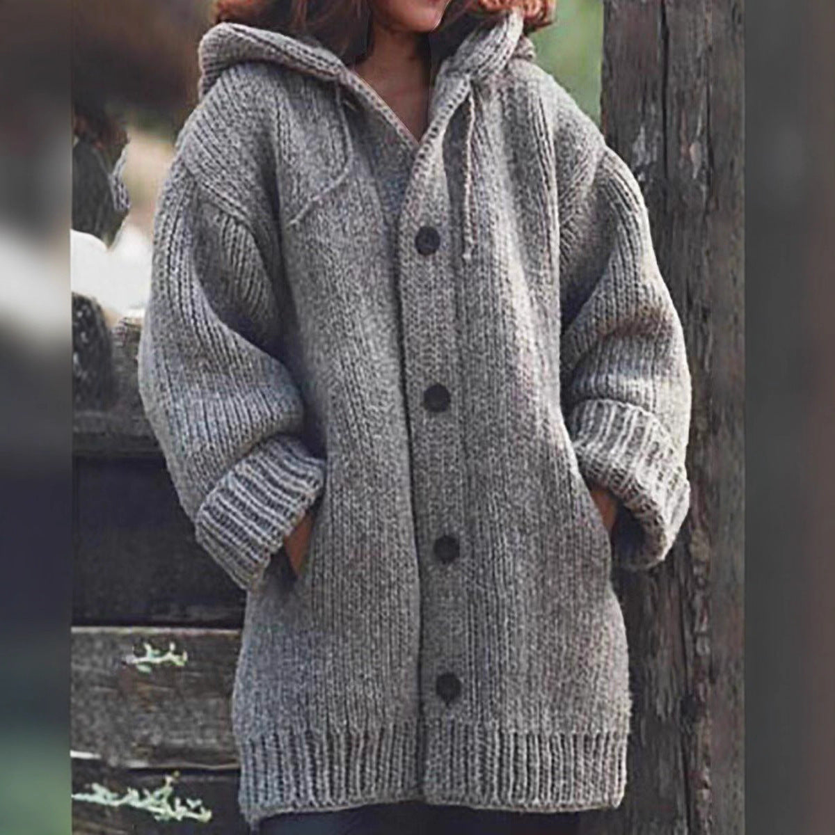 Women Long Slouchy Chunky Knit Coat Cardigan with Hood, Dropped Shoulder and Large Buttons Chichicherry