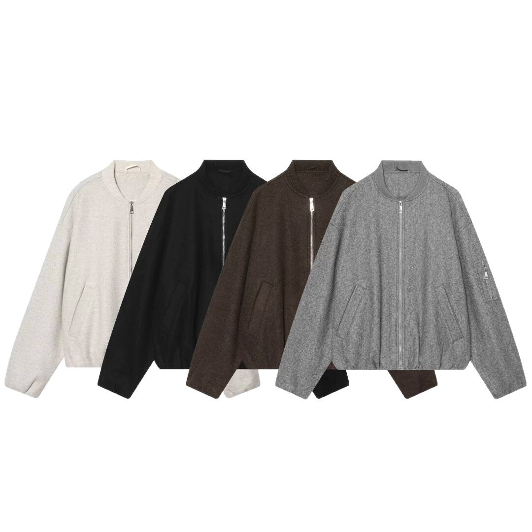 Women's Wool Blend Bomber Jacket in Oversized Boxy Cut with Zipper and Arm Pocket Chichicherry