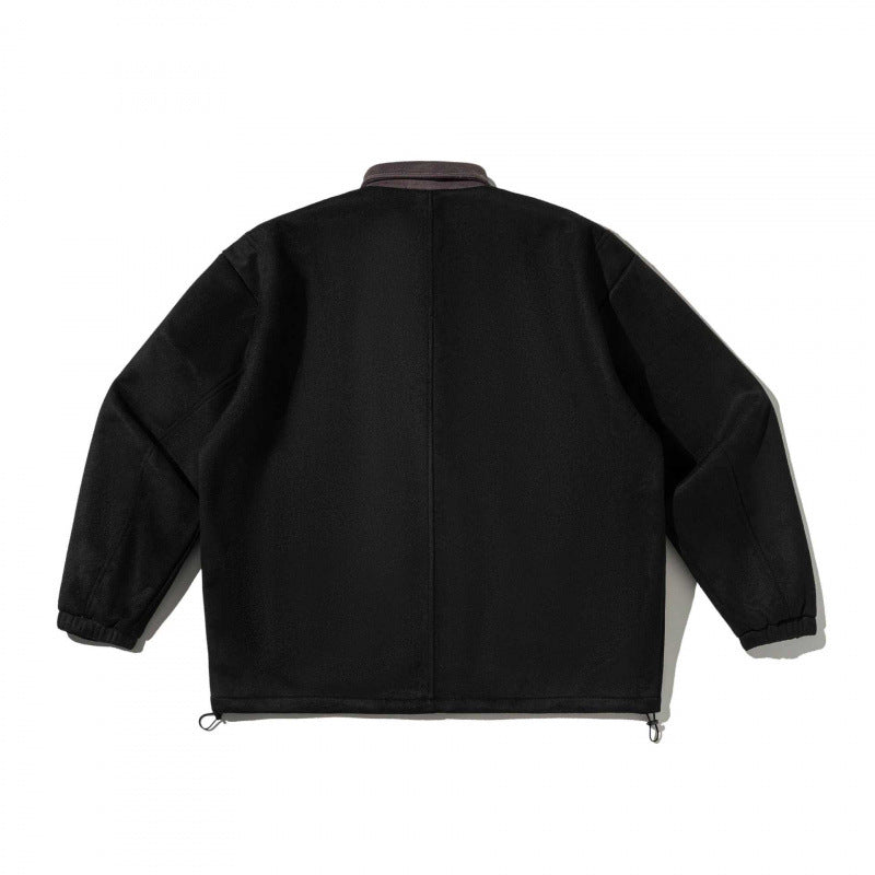 Men's boxy wool blend blouson jacket with cord collar, flap pockets, and drawstring hem Chichicherry