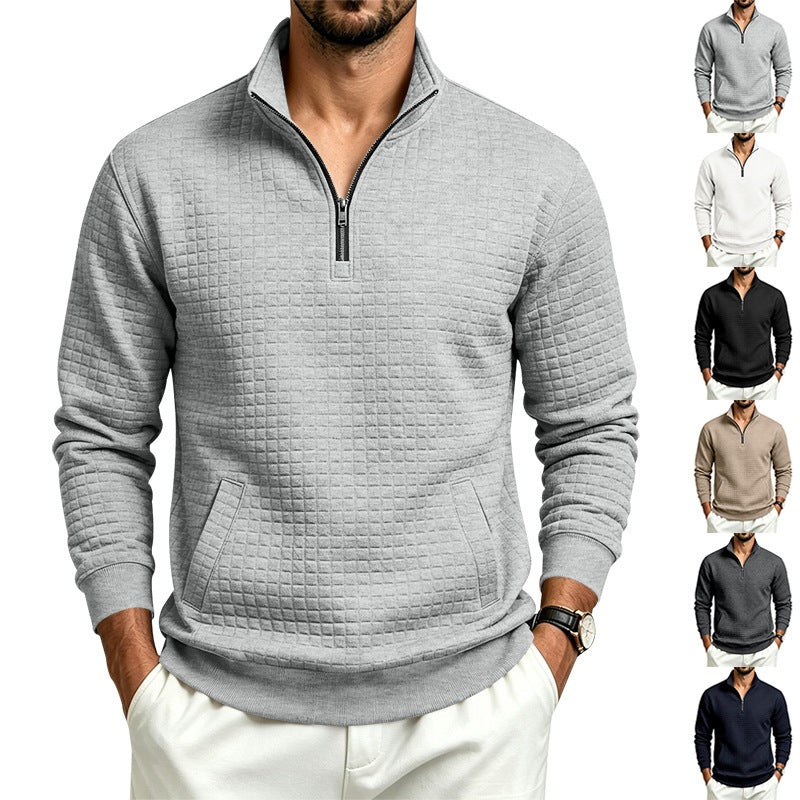 Men's Stand Collar Sweatshirt with Half Zip and Quilted Waffle Texture Chichicherry