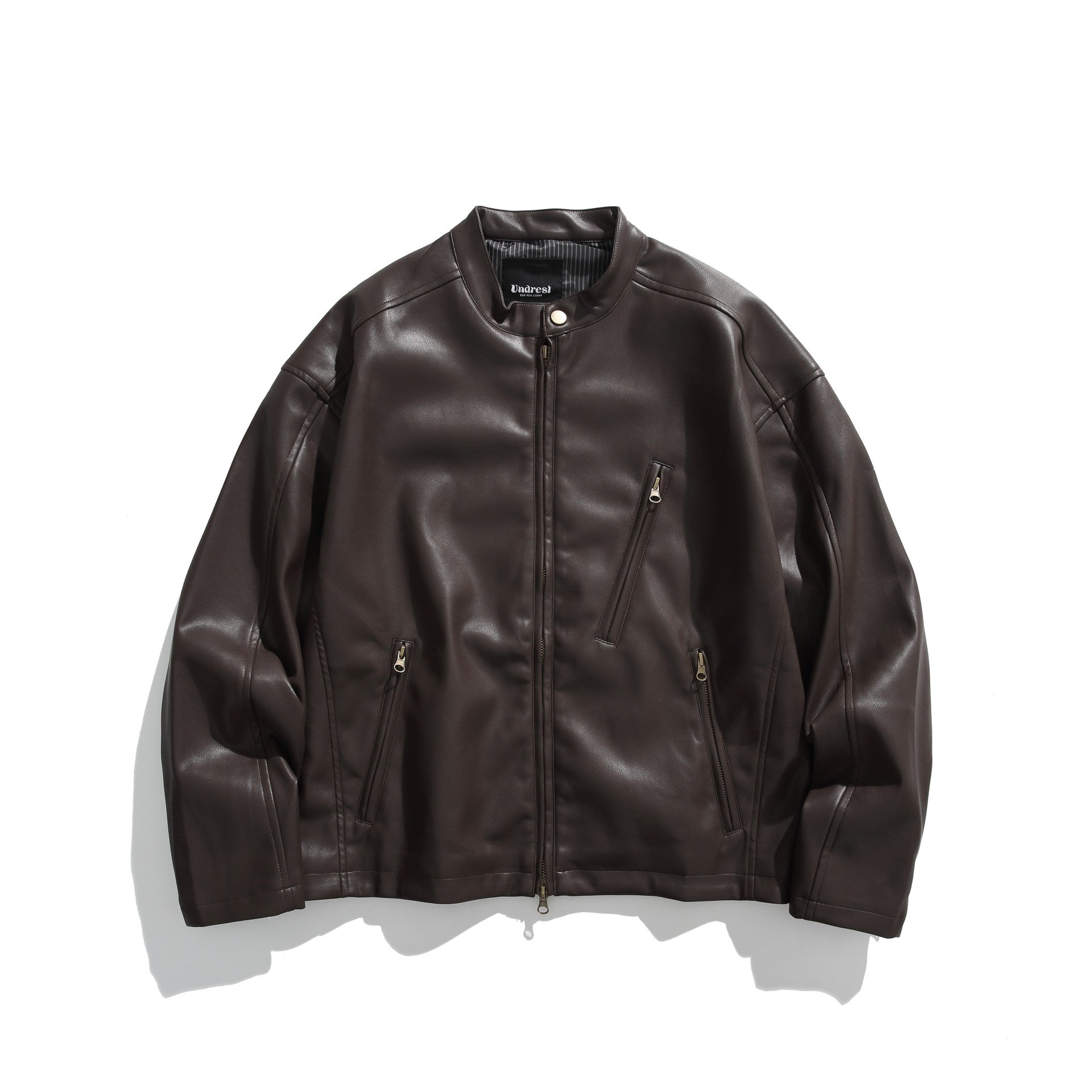 Men's leather-look bomber jacket with stand-up collar, angled zip pockets and minimalist seam design Chichicherry