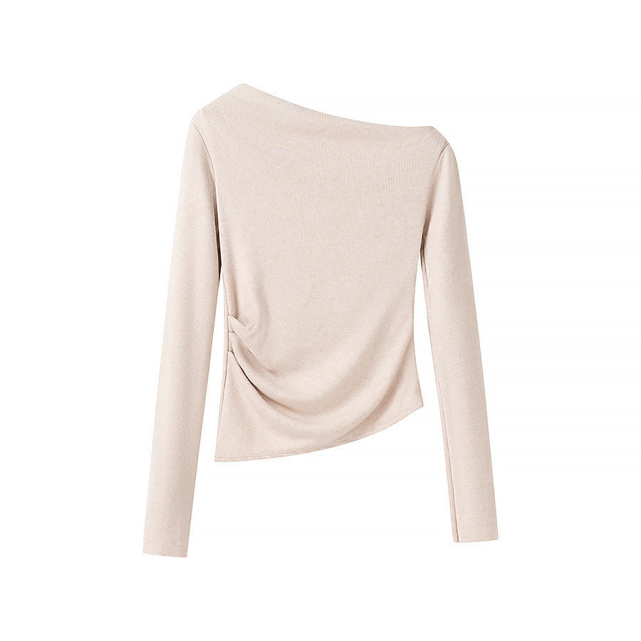 Women Asymmetric One-Shoulder Long Sleeve Top with Ruching Chichicherry