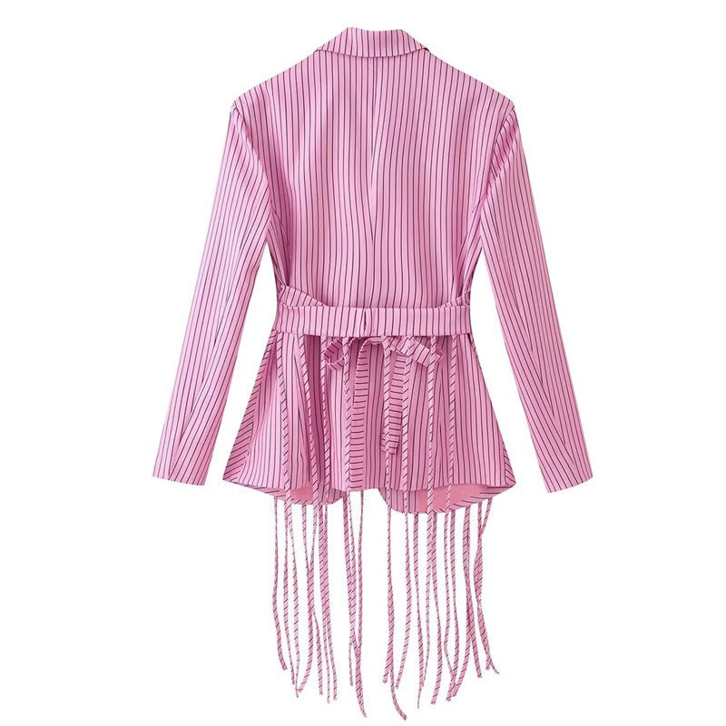 Women's tailored blazer with fringe hem and pinstripes Chichicherry