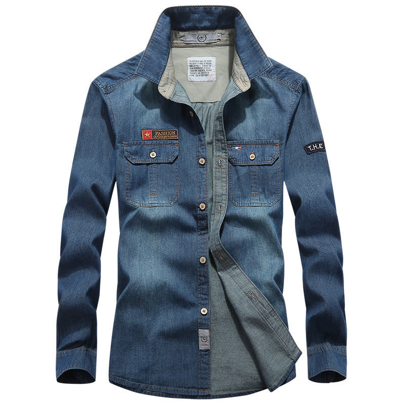 Men's denim shirt in worker-trucker style with chest flap pockets Chichicherry