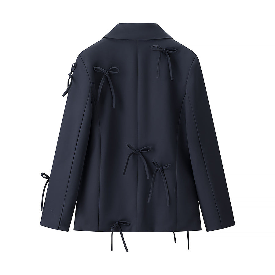 Women's Tailored Blazer with Decorative Bows and Coordinated Mini Skirt Set Chichicherry