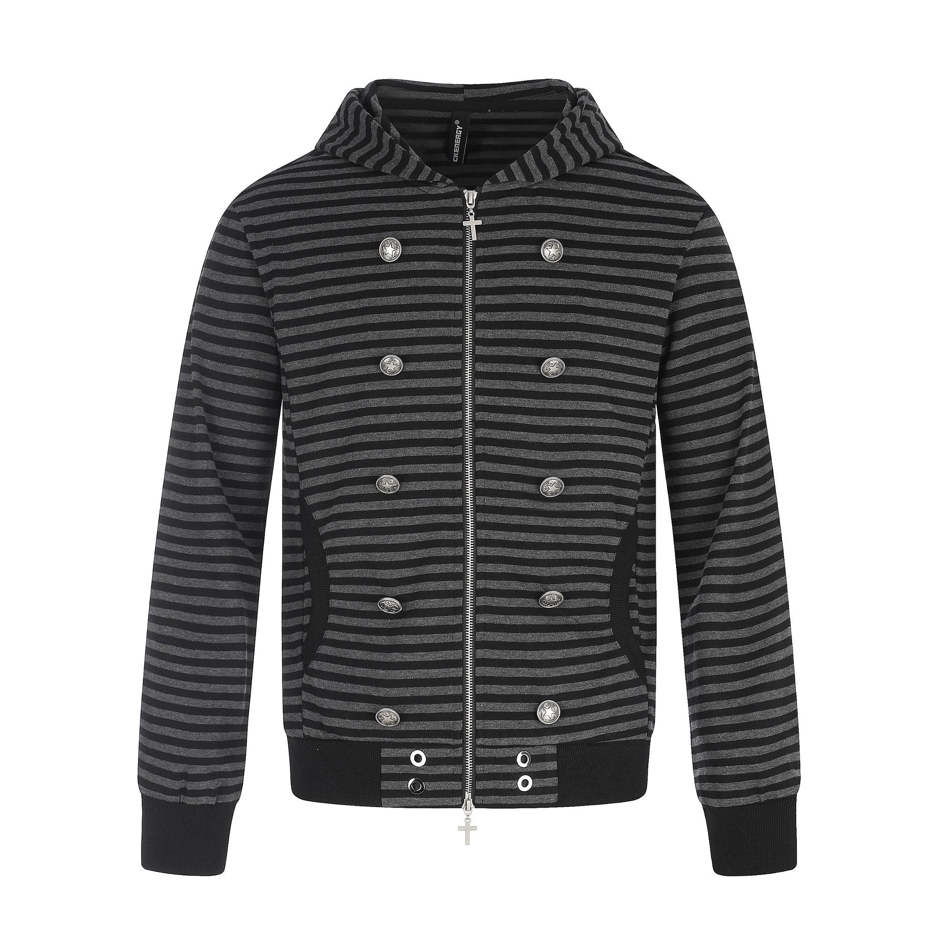 Men Striped Hooded Jacket with Double Button Look, Ribbed Cuffs and Cross Zipper Chichicherry