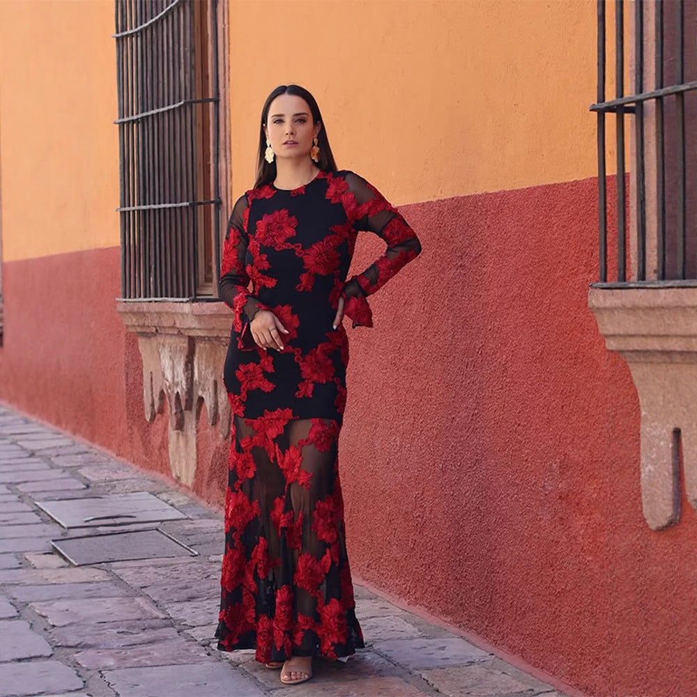 Women’s maxi dress with transparent mesh and floral embroidery Chichicherry