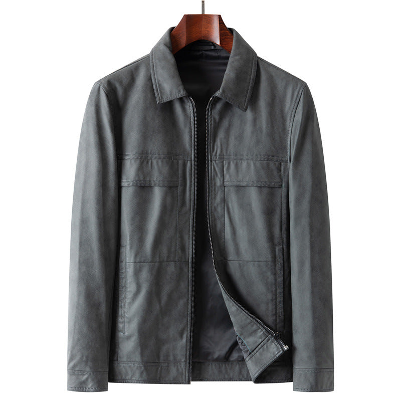Men's Elegant Velvet Leather Transitional Jacket with Zipper and Shirt Collar Chichicherry