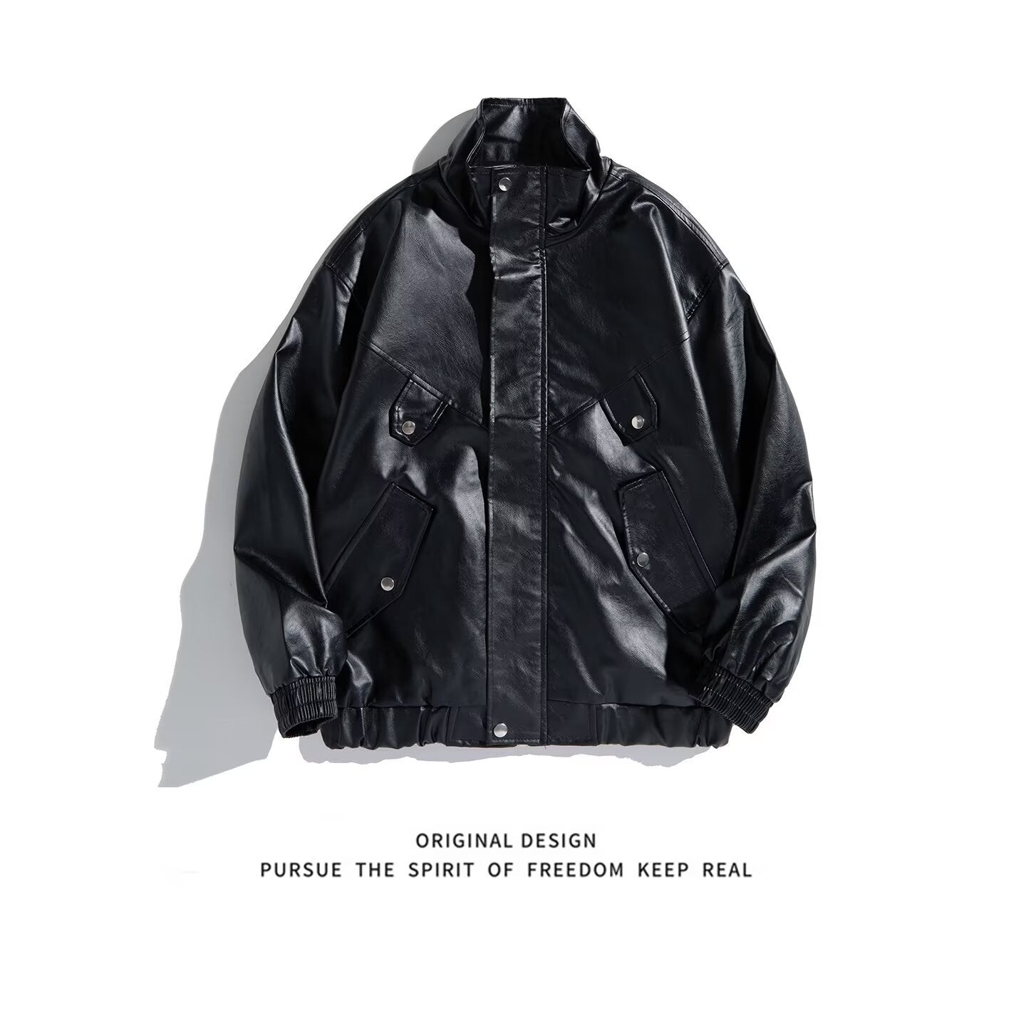 Men's Oversized Faux Leather Bomber Jacket with Stand Collar, Flap Pockets and Elastic Hem Chichicherry