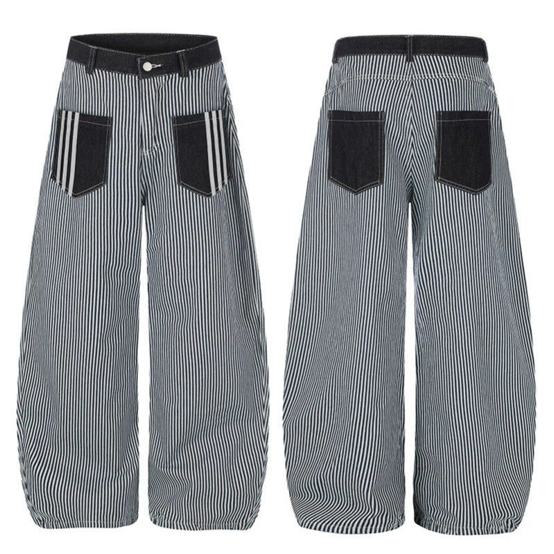 Women Wide Striped Palazzo Culotte with High Waist, Belt Loops and Applied Contrast Pockets Chichicherry