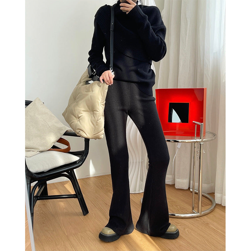 Women Ribbed High-Waist Flared Knit Pants made of soft wool blend Chichicherry