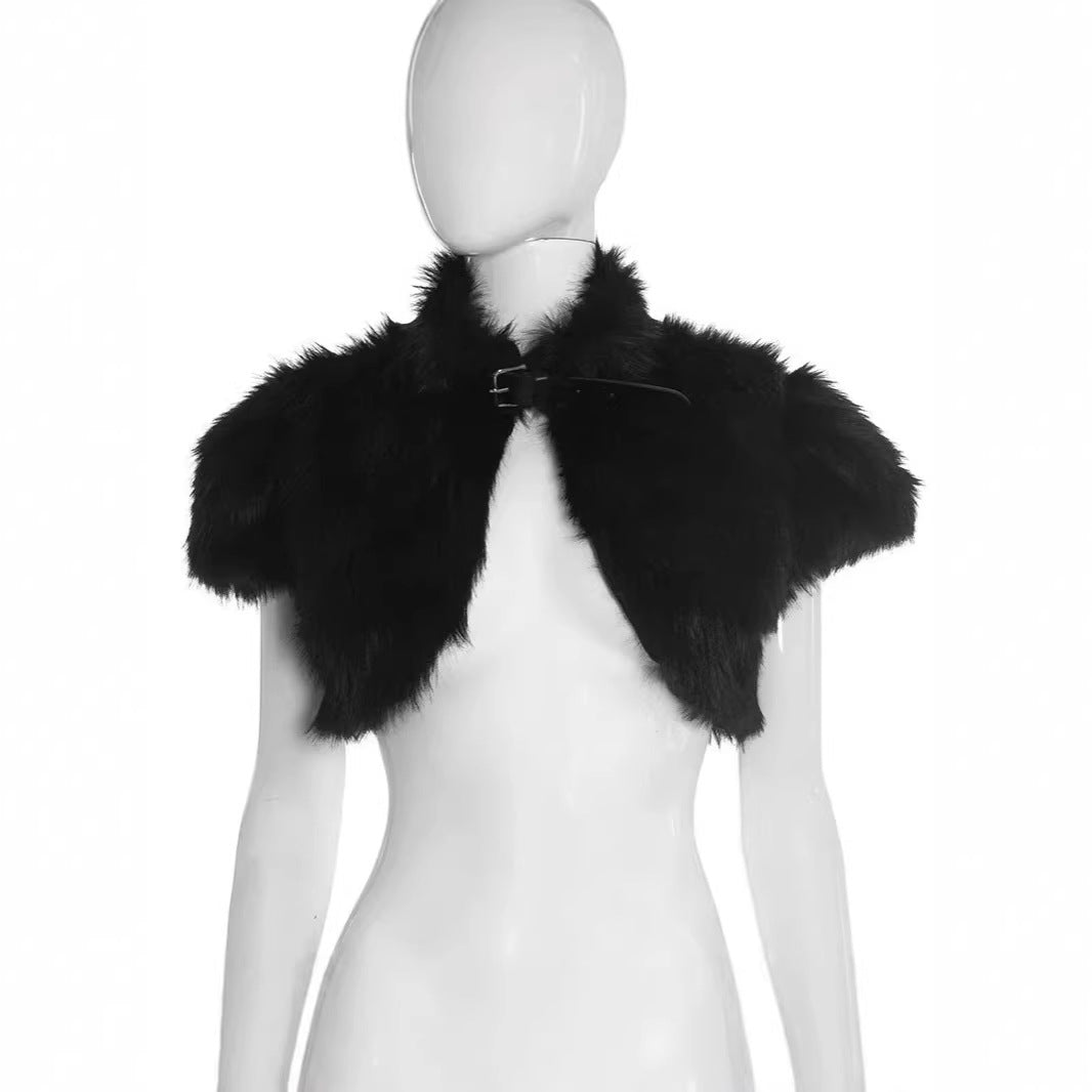 Women's Cropped Faux Fur Bolero with Voluminous Shawl Collar and Puff Sleeves Chichicherry