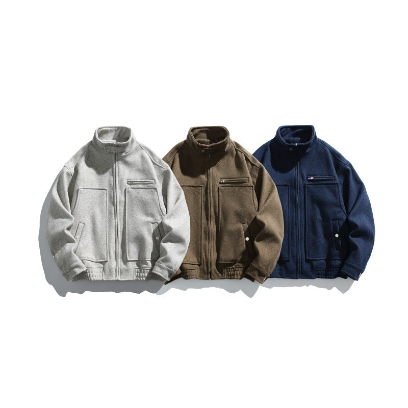 Men's short-cut boxy wool blend blouson with stand-up collar, elastic hem, and zippered chest pocket Chichicherry