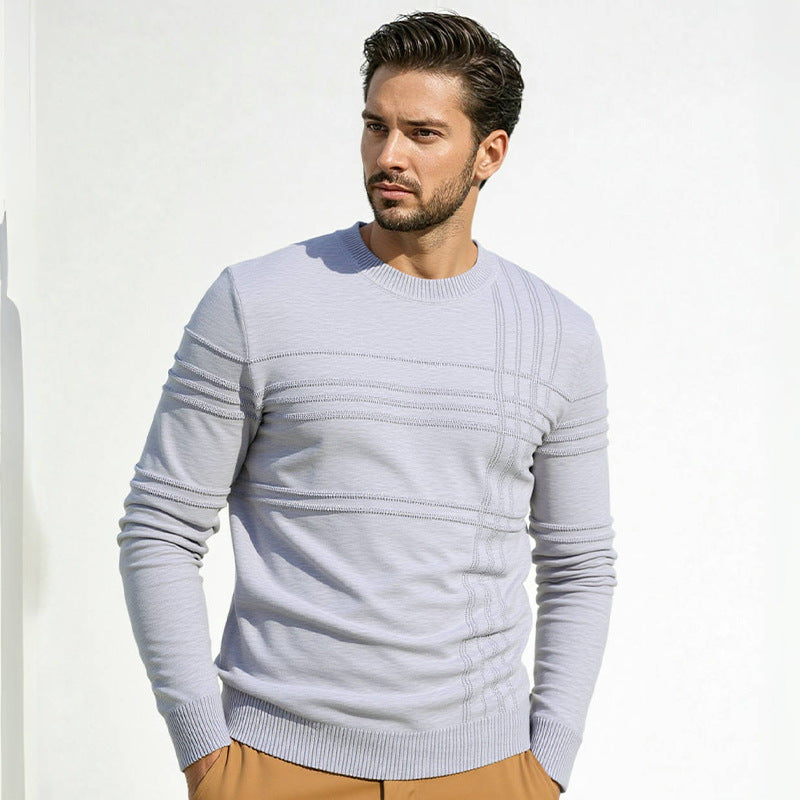 Men's Structured Fine Knit Pullover with Round Neck and Decorative Stripe Relief Seams Chichicherry