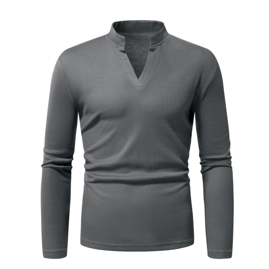 Men's Thermal Waffle Knit Shirt with Stand Collar and V-Neck Chichicherry