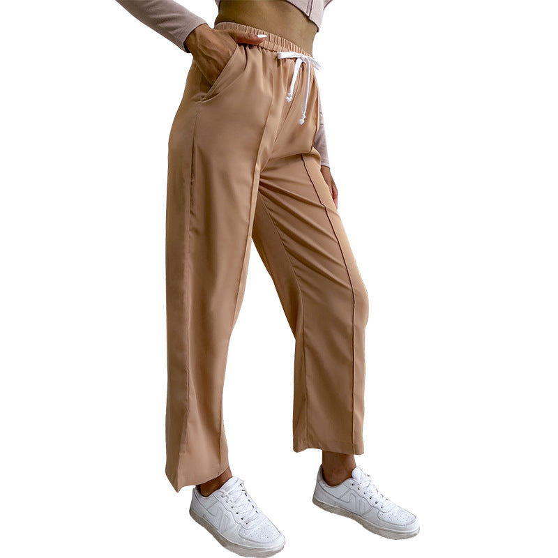 Women's Wide High-Waist Trousers with Elastic Waistband, Drawstring, and Crease Chichicherry