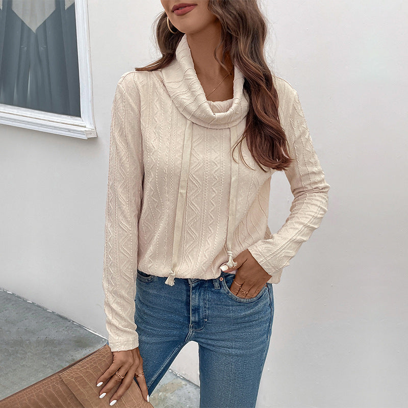 Ladies fine knit cowl neck pullover with drawstring and cable knit detail Chichicherry
