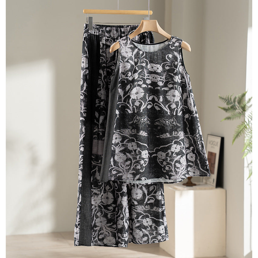 Women's Wide Linen Blend Pants with Elastic Waistband, Palazzo Cut and Ornamental Print Chichicherry