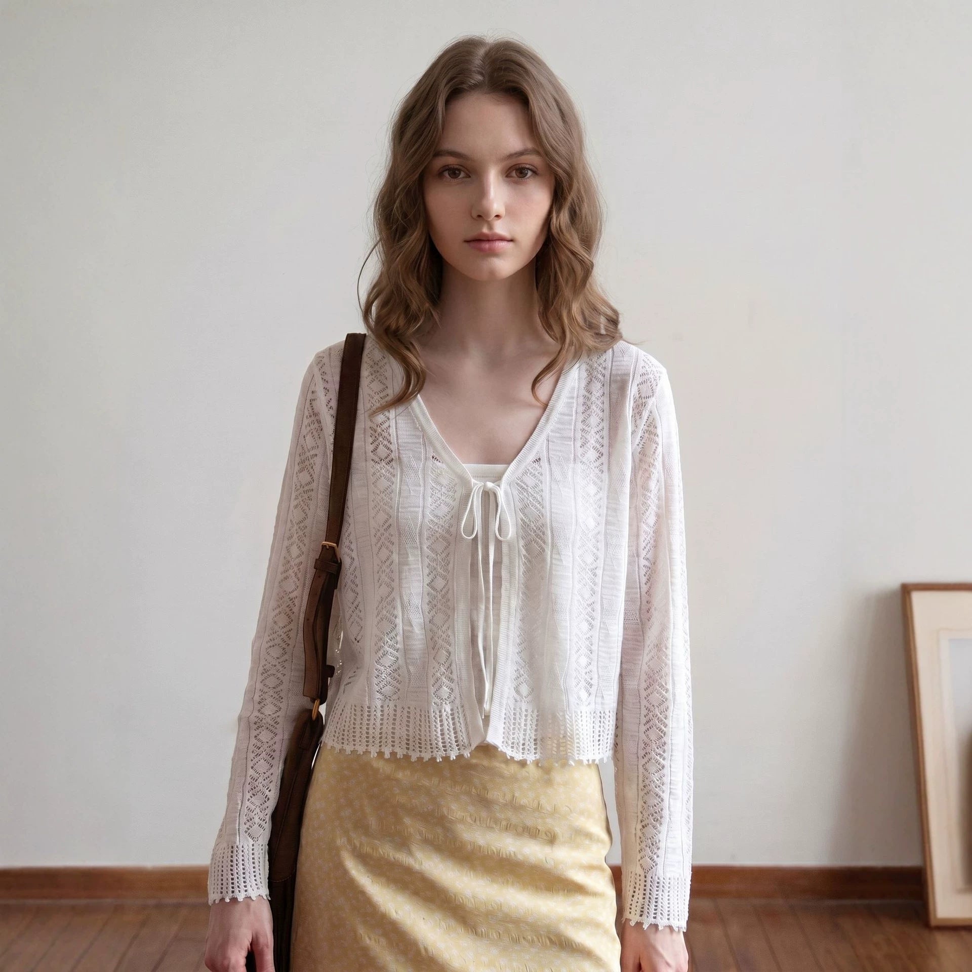 Women's Lightweight Crocheted Short Cardigan with V-Neck, Tie Band and Lace Pattern Chichicherry
