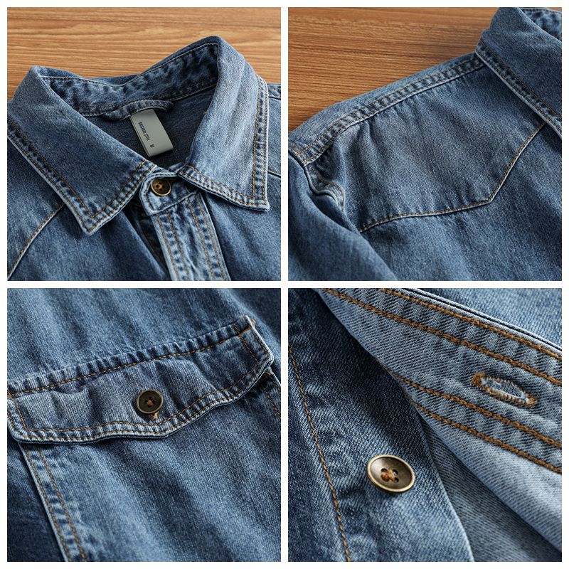 Herren Relaxed Denim‑Hemdjacke mit aufgesetzten Pattentaschen, verstärkten Ellenbogen und sichtbarer Knopfleiste Chichicherry