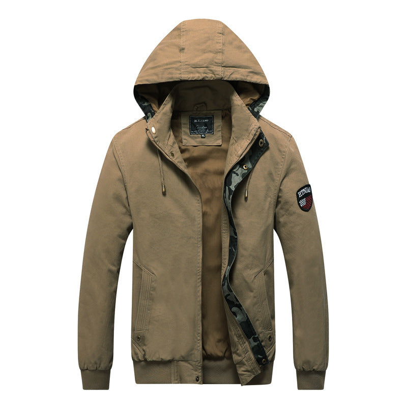 Men's Hooded Canvas Jacket in Military Utility Style with Camouflage Cuff and Ribbed Hem Chichicherry