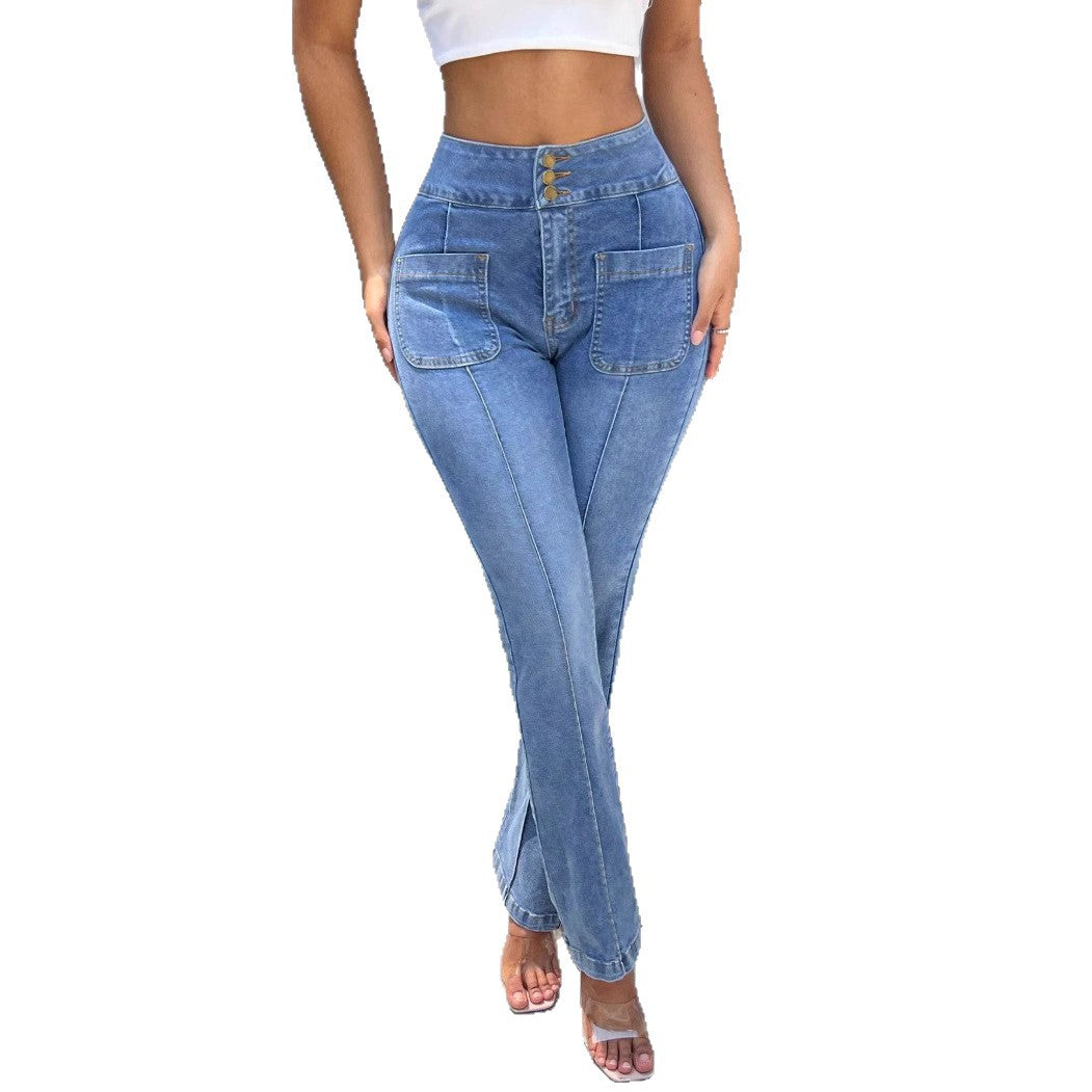 Women High-Waisted Straight Jeans with Front Pockets and Center Seam Chichicherry