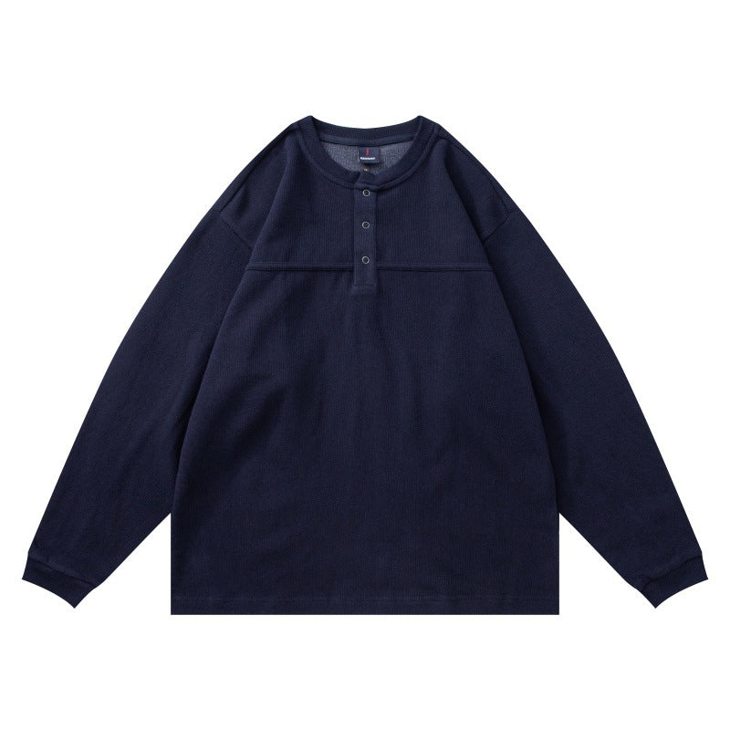 Unisex Structured Henley Long Sleeve with Waffle Texture, Half Button Placket and Dropped Shoulder Chichicherry