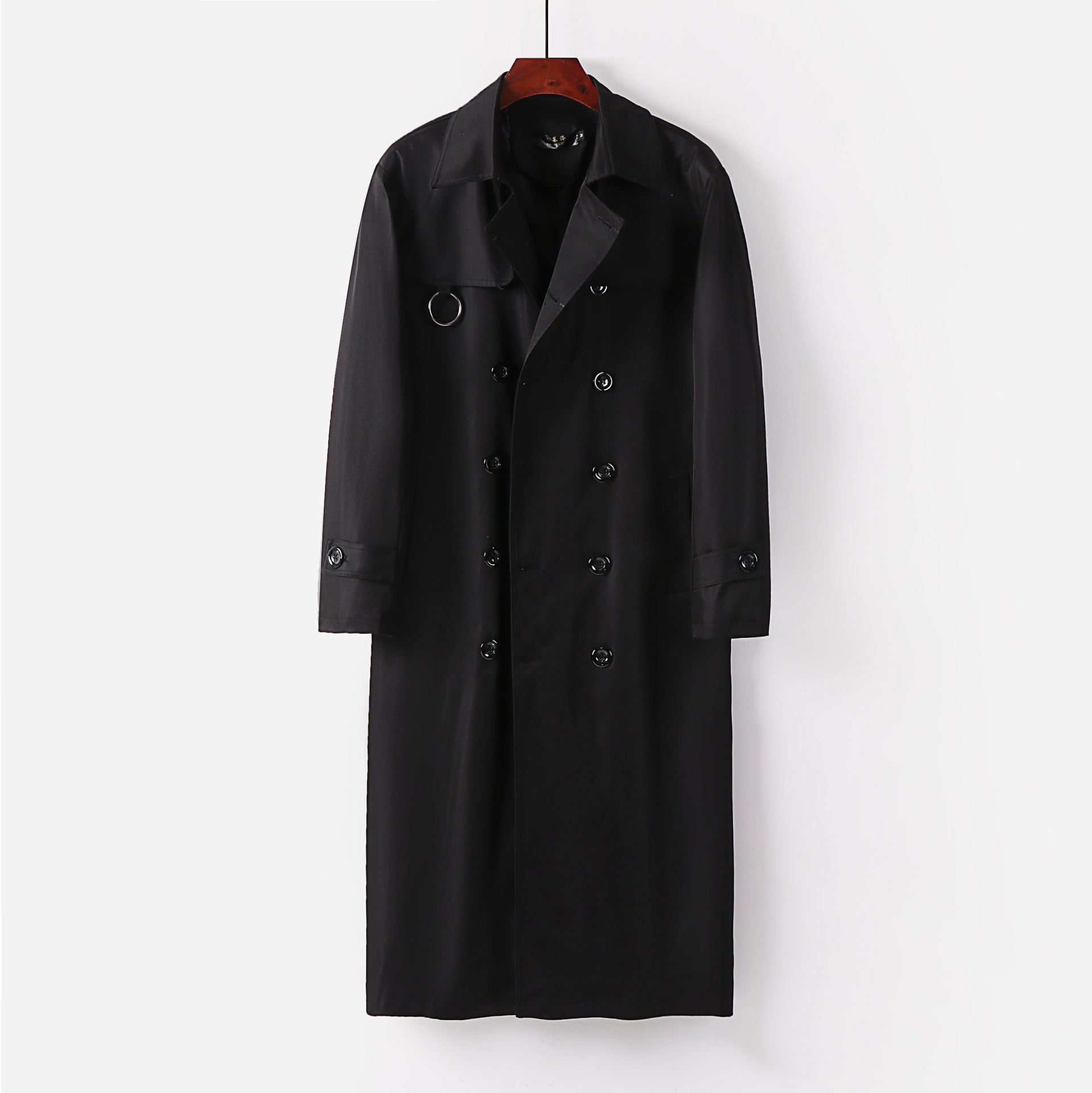 Men's Long Cut Double-Breasted Trench Coat with Waist Belt and Decorative Ring Detail Chichicherry
