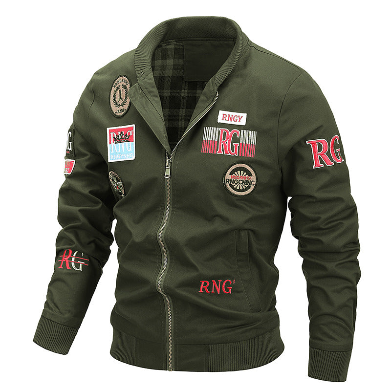 Men's Canvas Bomber Jacket with Vintage Patch Details and Ribbed Cuffs Chichicherry