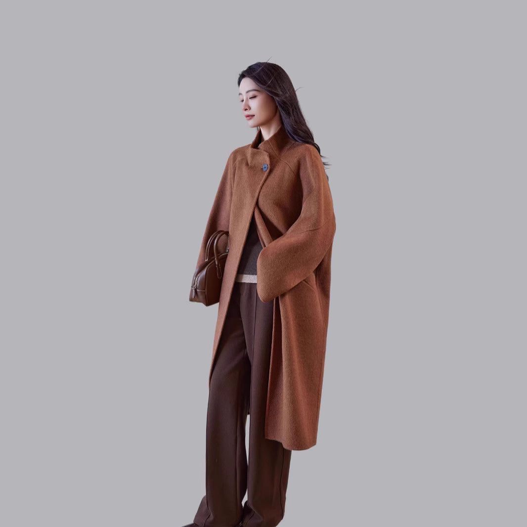 Women's Oversized Wool Coat with Stand Collar and Single-Button Closure Chichicherry