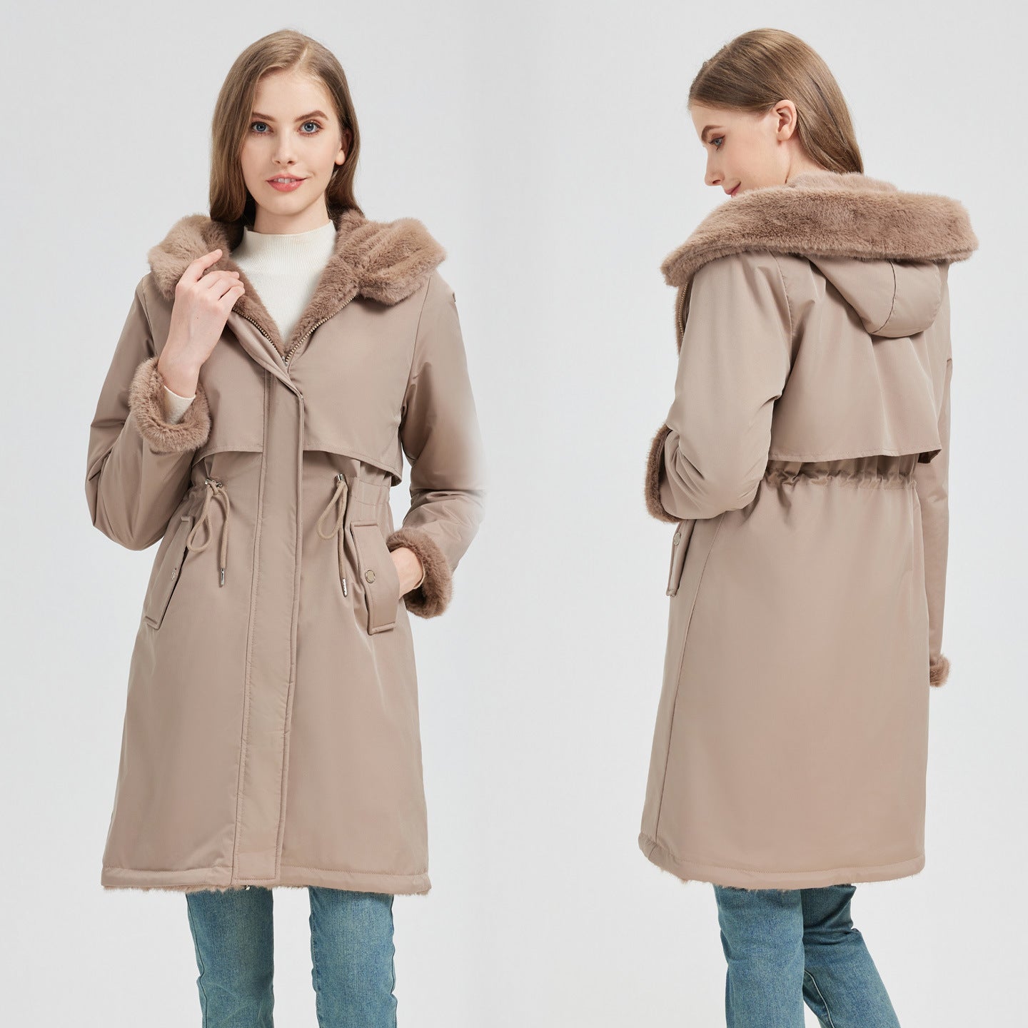 Women's tailored long thermal parka with faux fur trim on hood and sleeves as well as drawstring waist Chichicherry